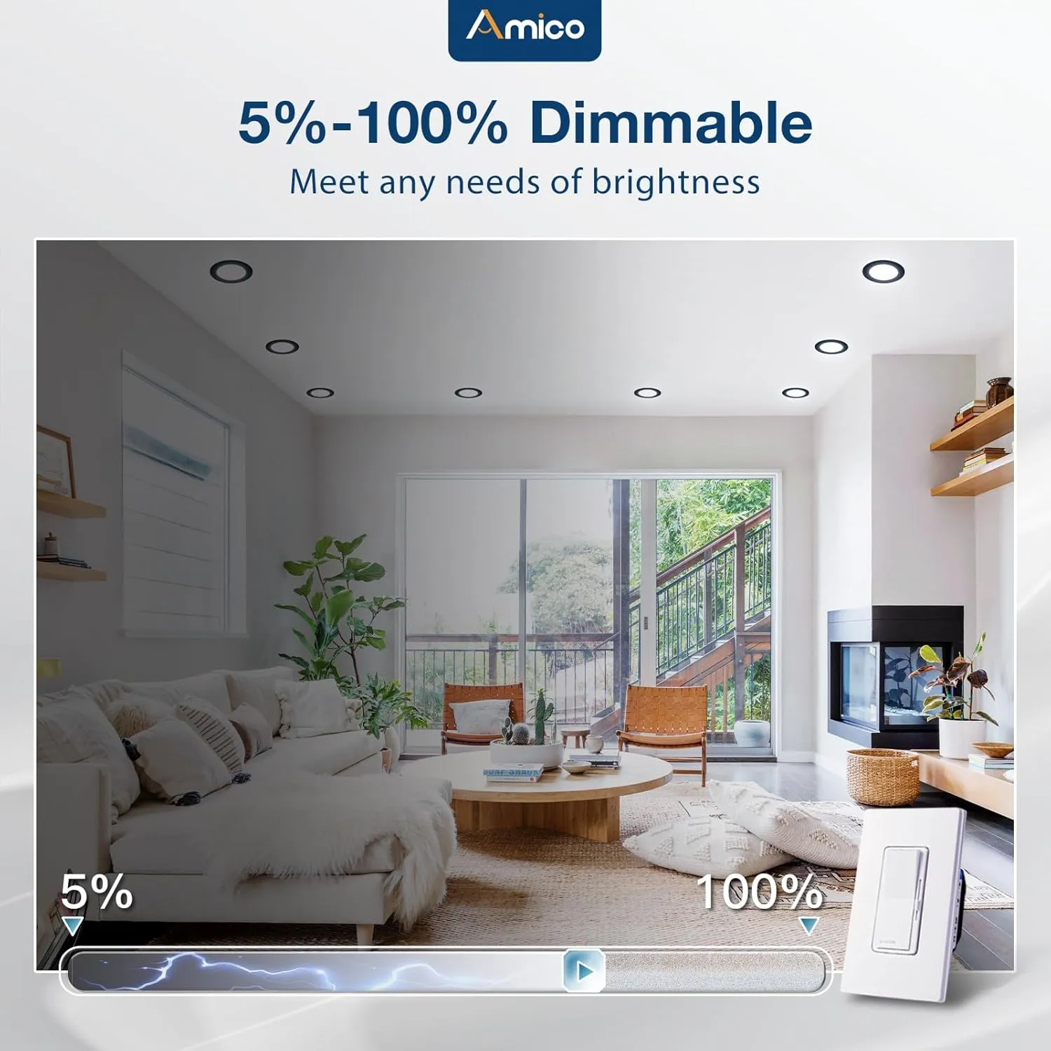 Amico Recessed Lighting 5/6 Inch, 12 Pack 5CCT Flat LED Can Lights, 2700K/3000K/4000K/5000K/6000K Selectable,12W Eqv 110W, 1050LM Brightness, Retrofit Installation - ETL & FCC, Black