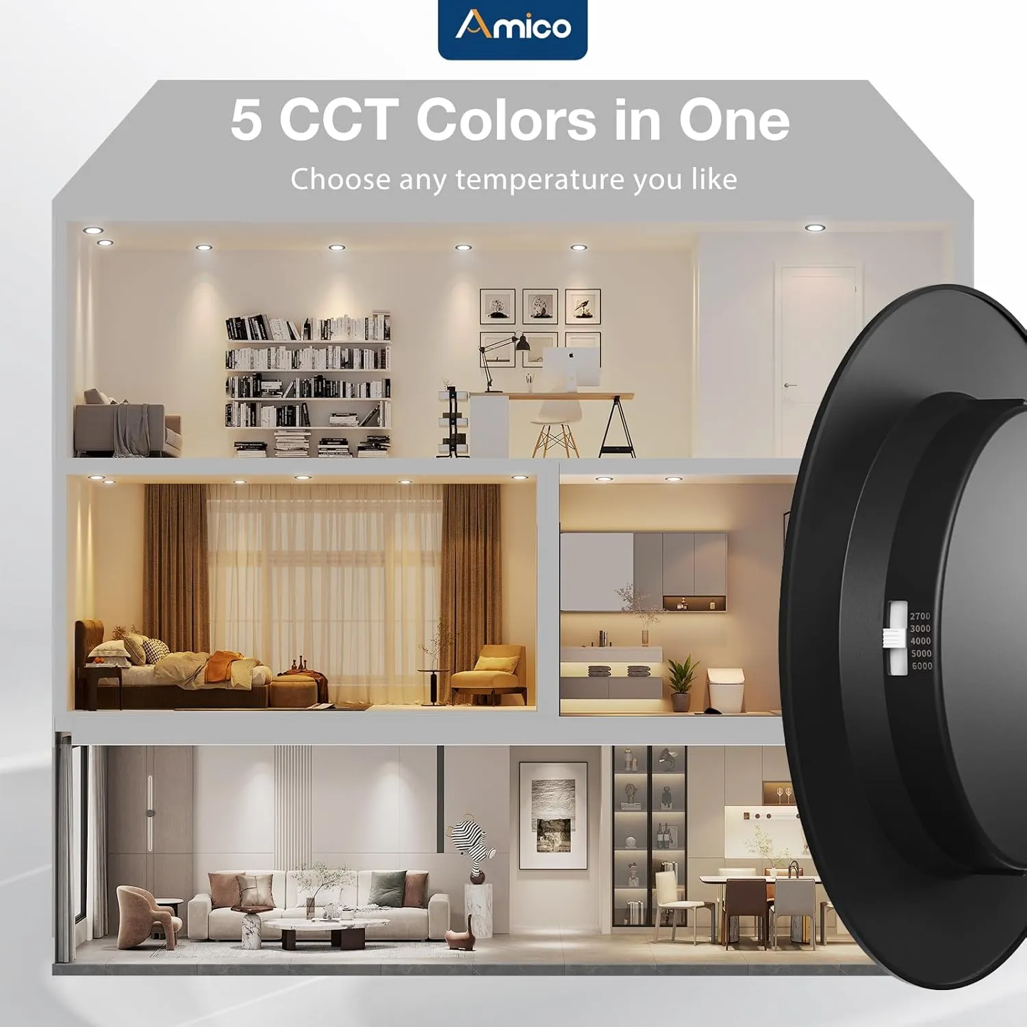 Amico Recessed Lighting 5/6 Inch, 12 Pack 5CCT Flat LED Can Lights, 2700K/3000K/4000K/5000K/6000K Selectable,12W Eqv 110W, 1050LM Brightness, Retrofit Installation - ETL & FCC, Black