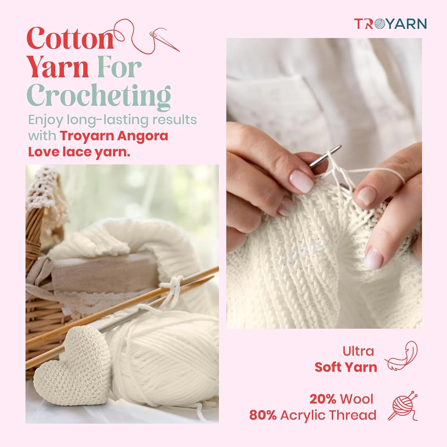 Angora Love (2-Skeins Pack Angora Yarn) 20% Wool 80% Acrylic Thread - Wool Yarn for Crocheting - Lace Weight Yarn #1 Fingering and Socks Yarn (2 x 3.52 oz) / (2 x 601 Yds) (10801 - Cream)