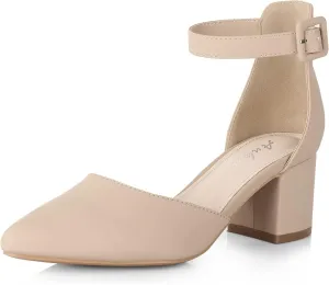 Ankis Closed Toe Heels for Women -Black Nude Gold Silver Pointed Toe Heels Low Block Chunky Women Pumps with Ankle Strap -2.25 Inch