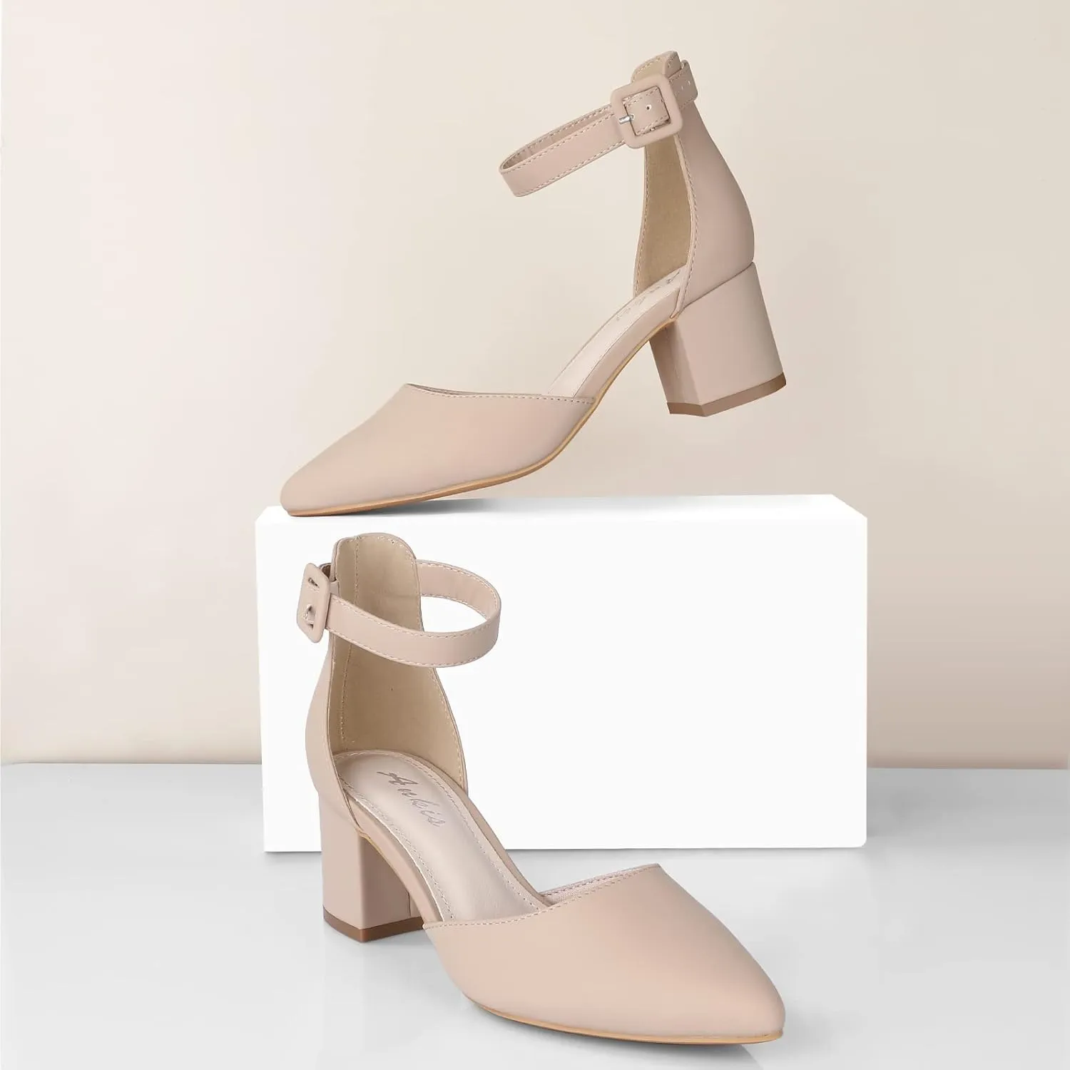 Ankis Closed Toe Heels for Women -Black Nude Gold Silver Pointed Toe Heels Low Block Chunky Women Pumps with Ankle Strap -2.25 Inch