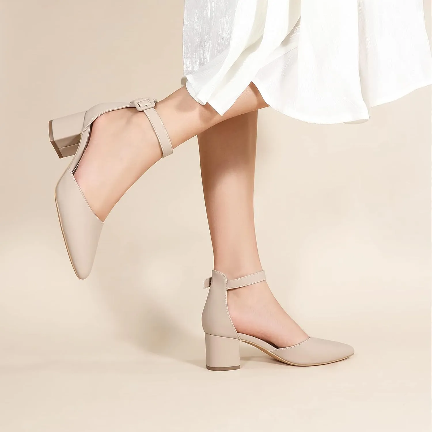 Ankis Closed Toe Heels for Women -Black Nude Gold Silver Pointed Toe Heels Low Block Chunky Women Pumps with Ankle Strap -2.25 Inch