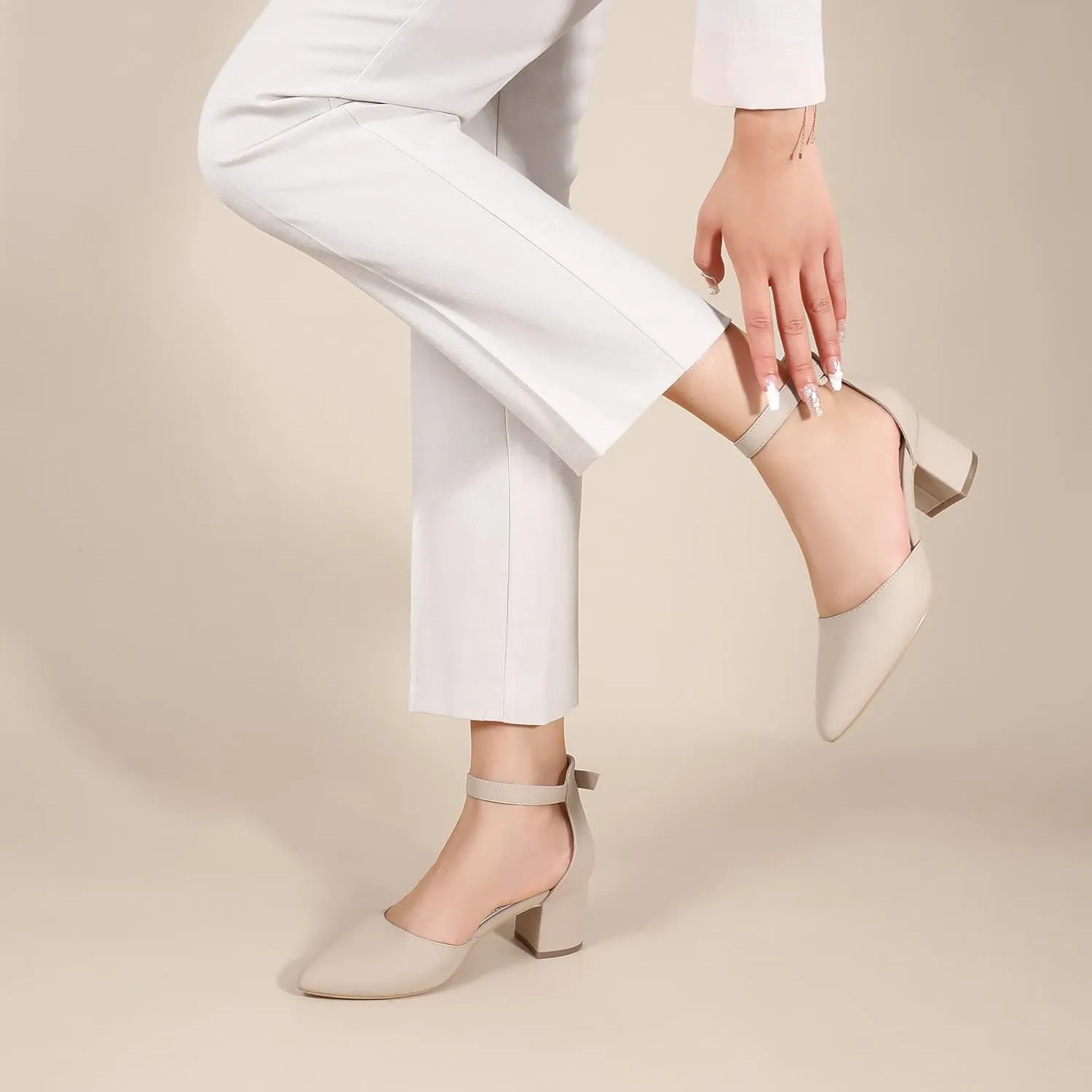 Ankis Closed Toe Heels for Women -Black Nude Gold Silver Pointed Toe Heels Low Block Chunky Women Pumps with Ankle Strap -2.25 Inch