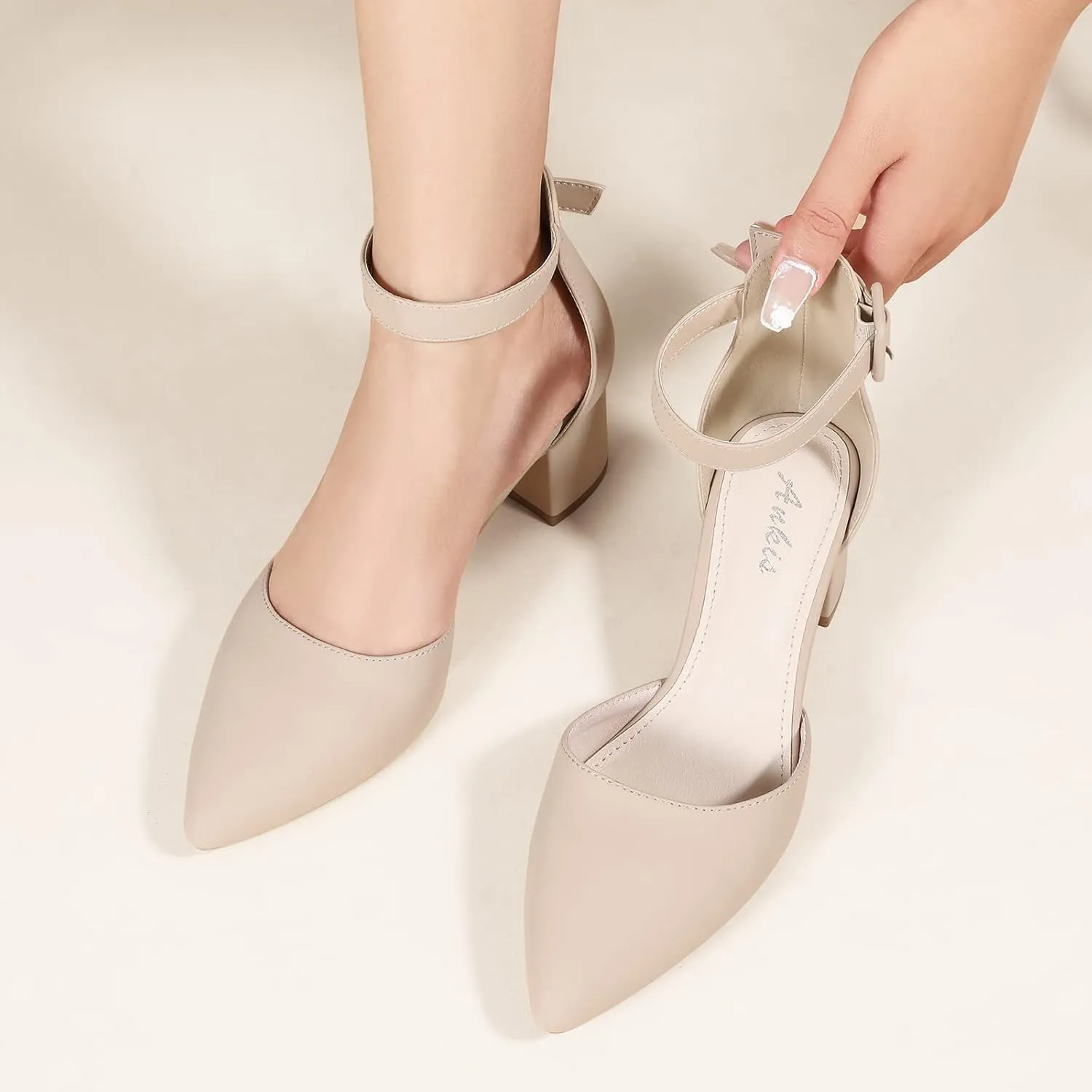 Ankis Closed Toe Heels for Women -Black Nude Gold Silver Pointed Toe Heels Low Block Chunky Women Pumps with Ankle Strap -2.25 Inch