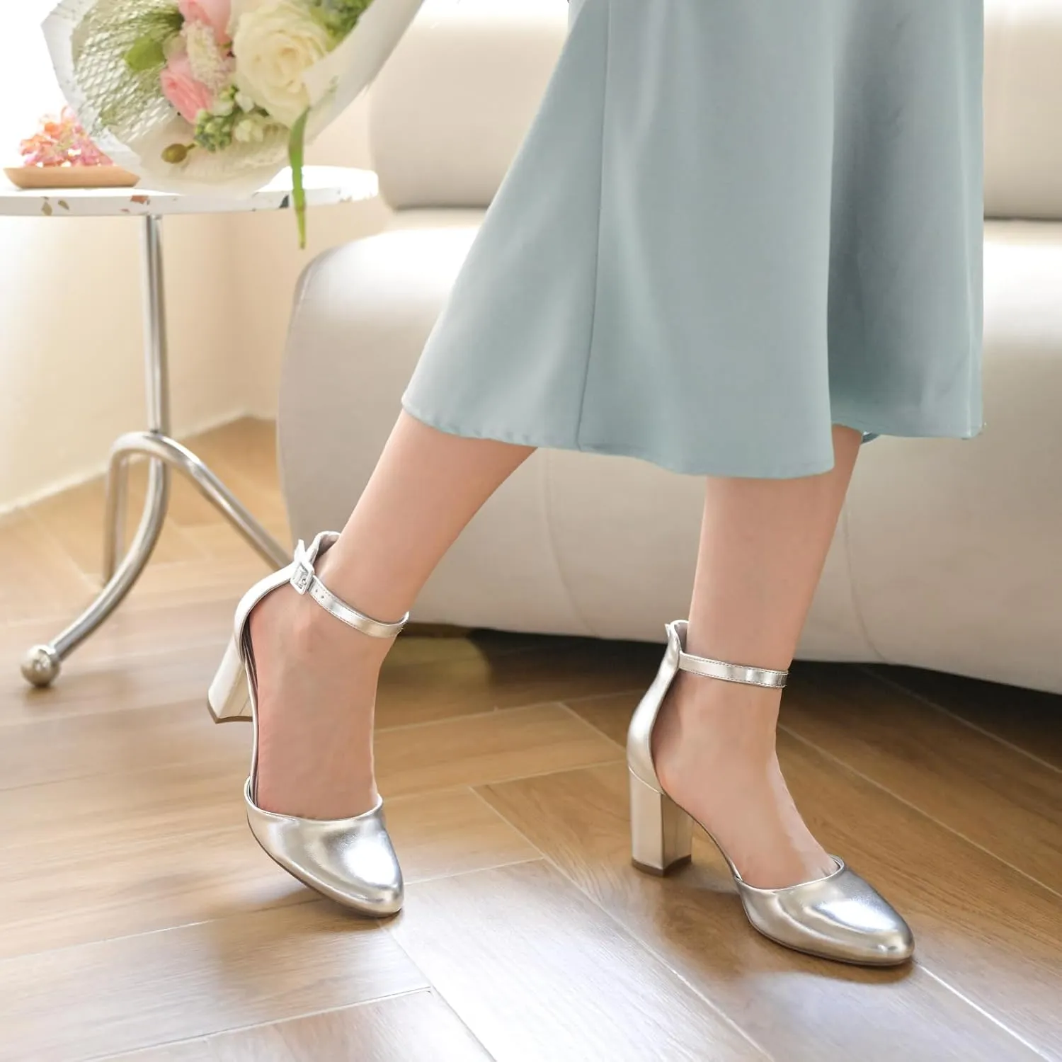 Ankis Closed Toe Heels for Women -Black Nude White Silver Gold Womens Heels Closed Round Toe Chunky Block Pumps Shoes, 3 Inch
