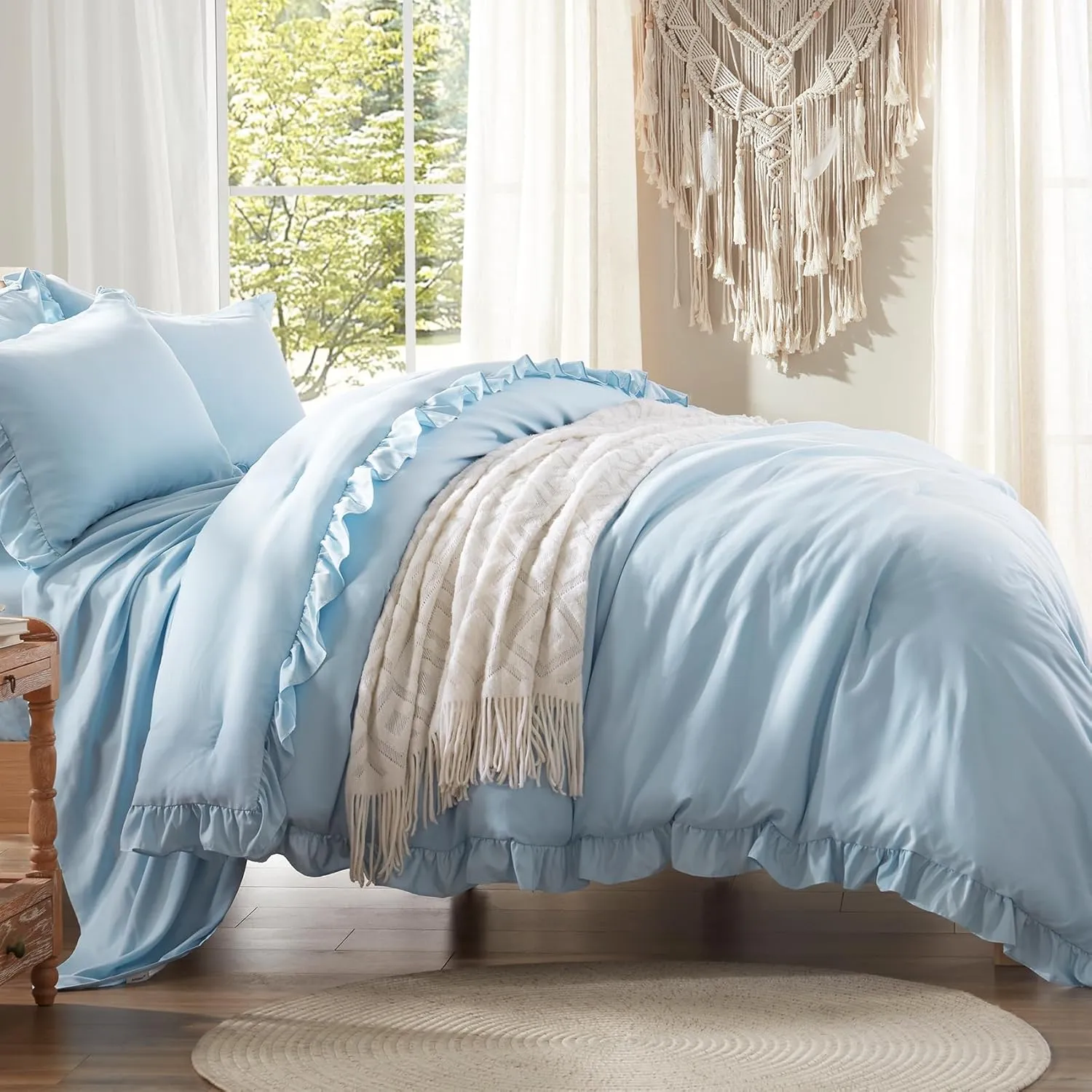 Anluoer Full Comforter Set 7 Piece, Blue Bed in a Bag with 2 Pillow Shams, 2 Pillowcases, 1 Flat Sheet, 1 Fitted Sheet - All Season Ruffle Shabby Chic Bedding Sets