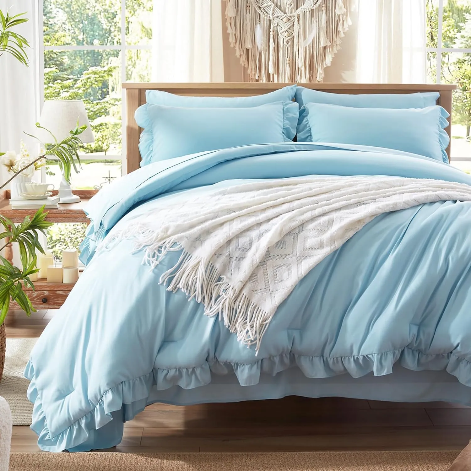 Anluoer Full Comforter Set 7 Piece, Blue Bed in a Bag with 2 Pillow Shams, 2 Pillowcases, 1 Flat Sheet, 1 Fitted Sheet - All Season Ruffle Shabby Chic Bedding Sets
