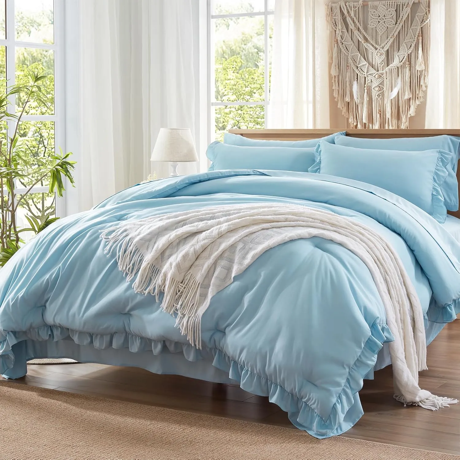 Anluoer Full Comforter Set 7 Piece, Blue Bed in a Bag with 2 Pillow Shams, 2 Pillowcases, 1 Flat Sheet, 1 Fitted Sheet - All Season Ruffle Shabby Chic Bedding Sets
