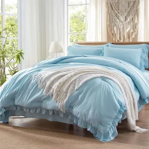 Anluoer Full Comforter Set 7 Piece, Blue Bed in a Bag with 2 Pillow Shams, 2 Pillowcases, 1 Flat Sheet, 1 Fitted Sheet - All Season Ruffle Shabby Chic Bedding Sets