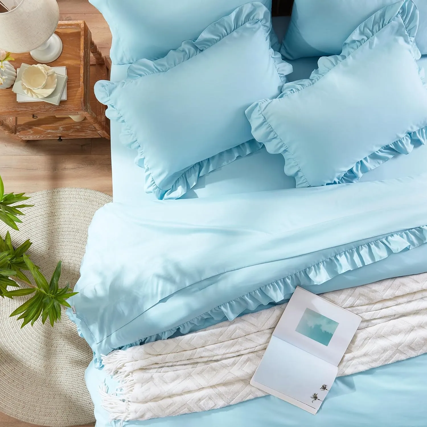 Anluoer Full Comforter Set 7 Piece, Blue Bed in a Bag with 2 Pillow Shams, 2 Pillowcases, 1 Flat Sheet, 1 Fitted Sheet - All Season Ruffle Shabby Chic Bedding Sets