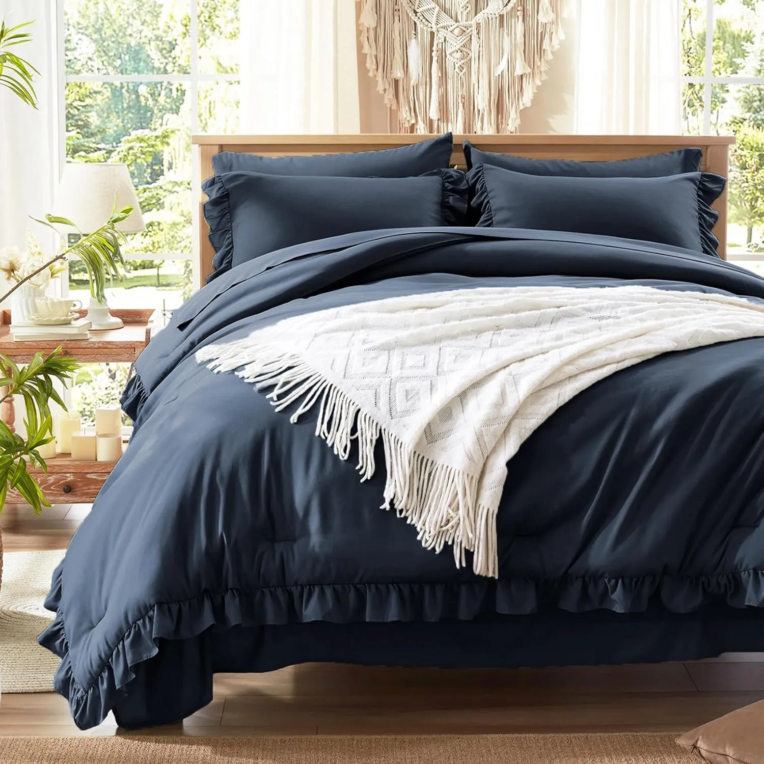 Anluoer Queen Comforter Set 7 Piece, Navy Blue Bed in a Bag with Sheets, All Season Ruffle Shabby Chic Bedding Sets with Comforter, Pillow Shams, Pillowcases, Flat Sheet, Fitted Sheet