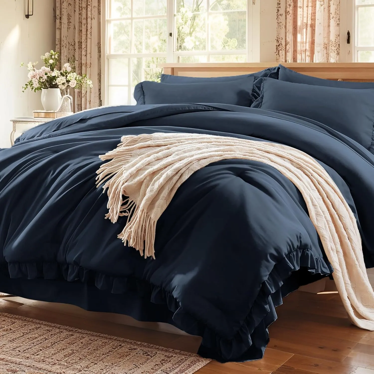 Anluoer Queen Comforter Set 7 Piece, Navy Blue Bed in a Bag with Sheets, All Season Ruffle Shabby Chic Bedding Sets with Comforter, Pillow Shams, Pillowcases, Flat Sheet, Fitted Sheet