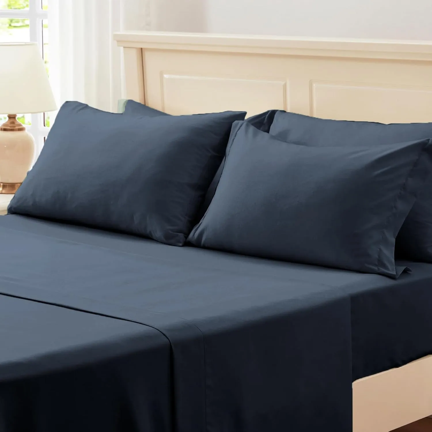Anluoer Queen Comforter Set 7 Piece, Navy Blue Bed in a Bag with Sheets, All Season Ruffle Shabby Chic Bedding Sets with Comforter, Pillow Shams, Pillowcases, Flat Sheet, Fitted Sheet