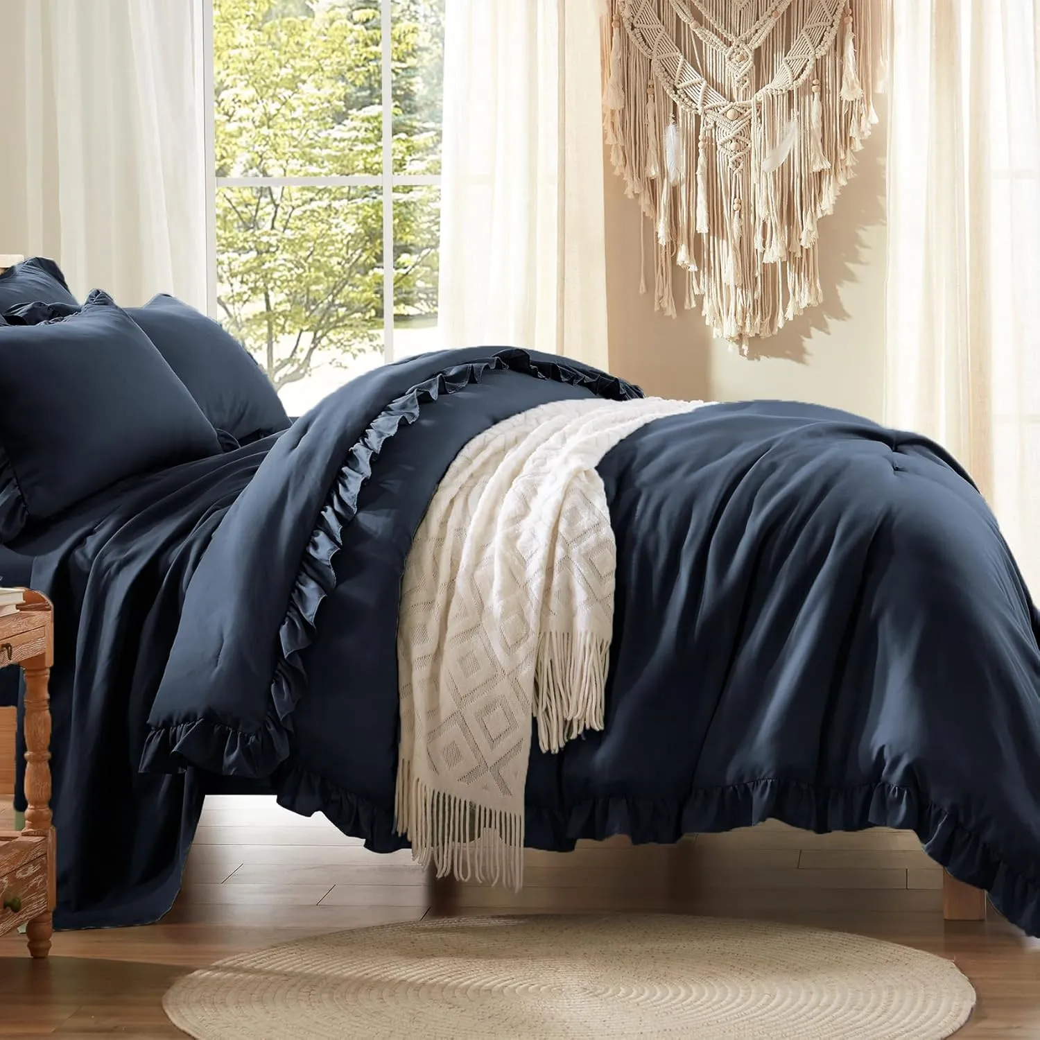 Anluoer Queen Comforter Set 7 Piece, Navy Blue Bed in a Bag with Sheets, All Season Ruffle Shabby Chic Bedding Sets with Comforter, Pillow Shams, Pillowcases, Flat Sheet, Fitted Sheet