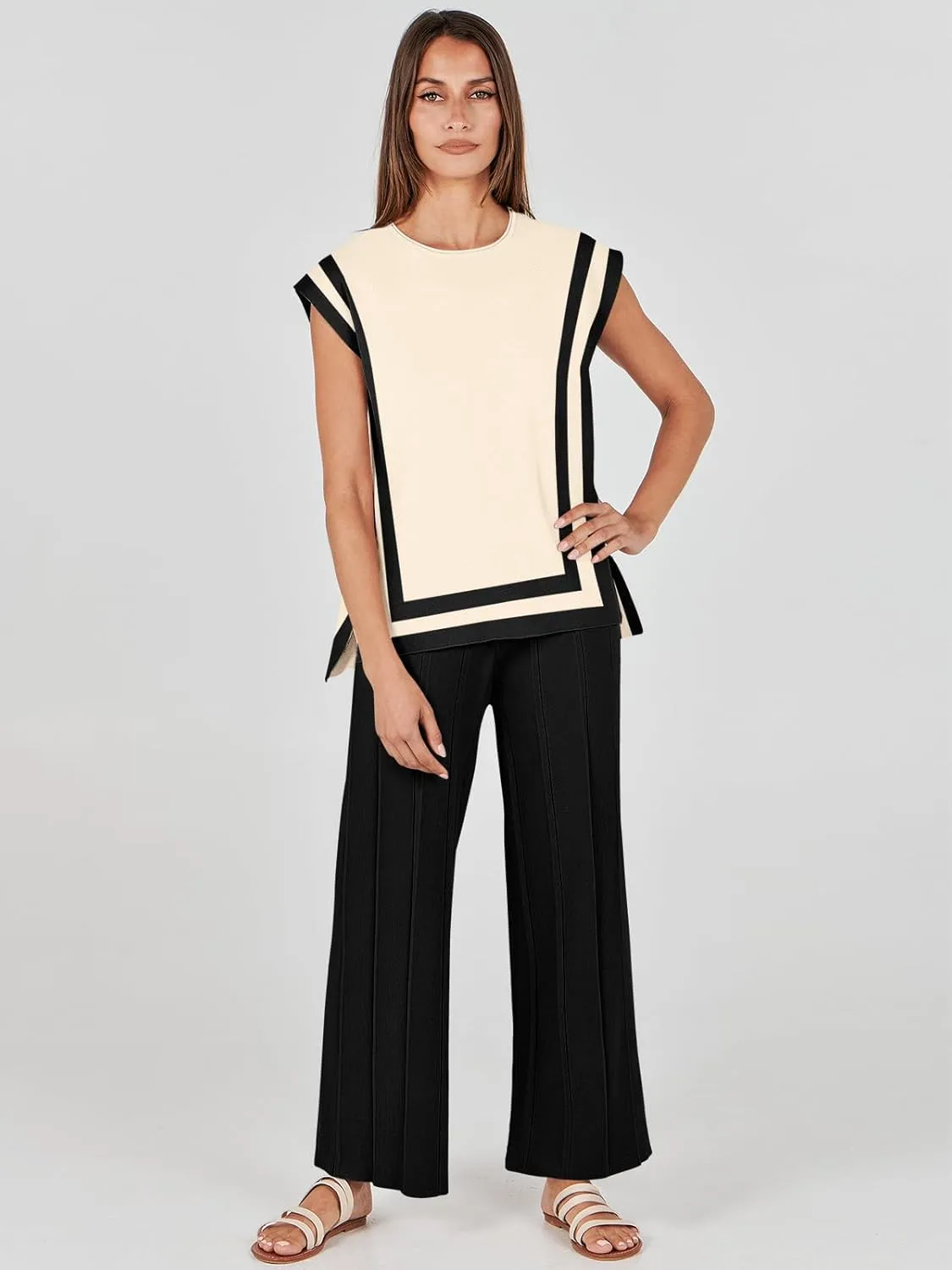 ANRABESS Women 2 Piece Lounge Sets Summer Casual Knit Sweater Vest Pant Set Beach Vacation Airport Outfits Clothes