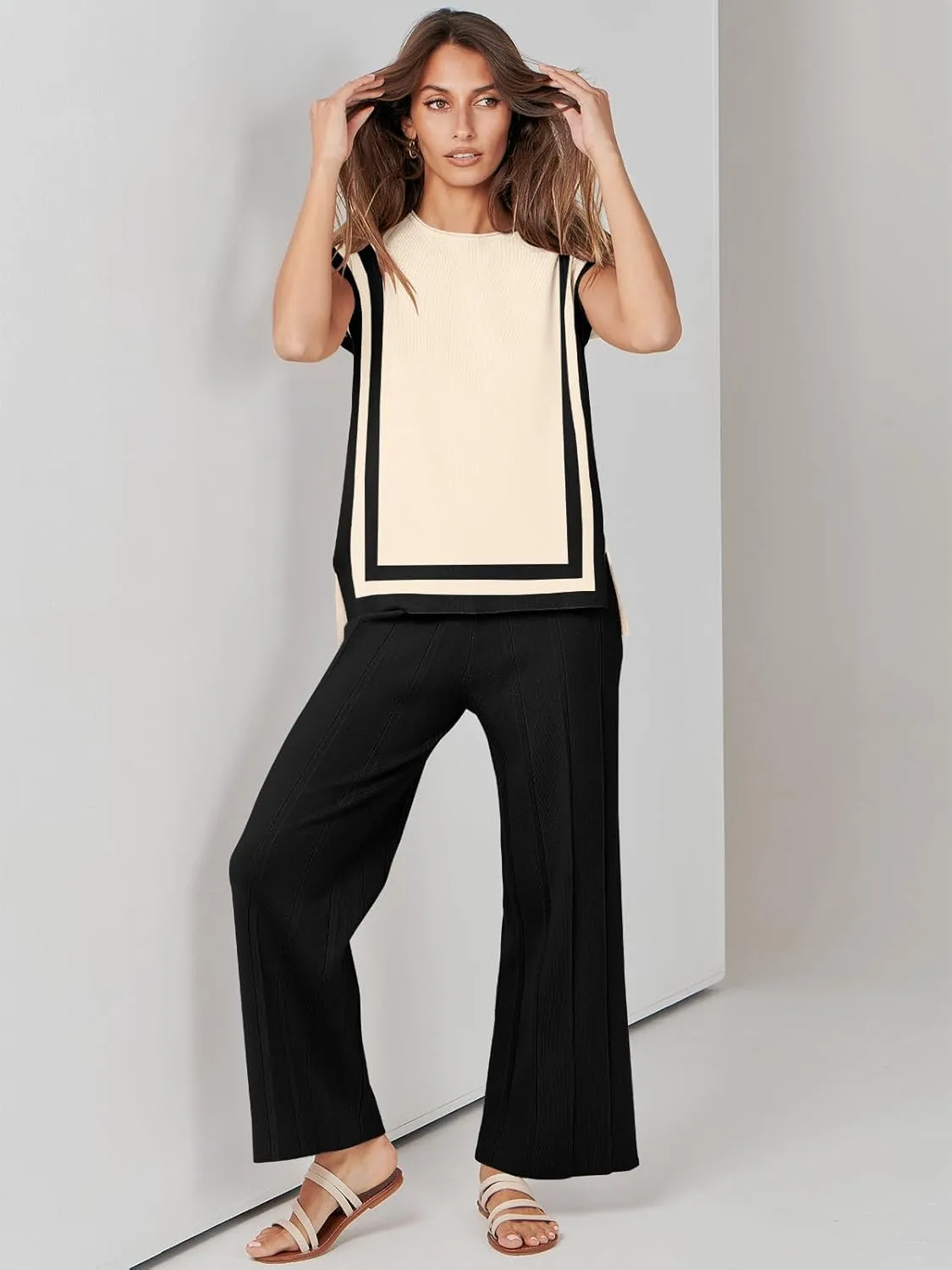 ANRABESS Women 2 Piece Lounge Sets Summer Casual Knit Sweater Vest Pant Set Beach Vacation Airport Outfits Clothes