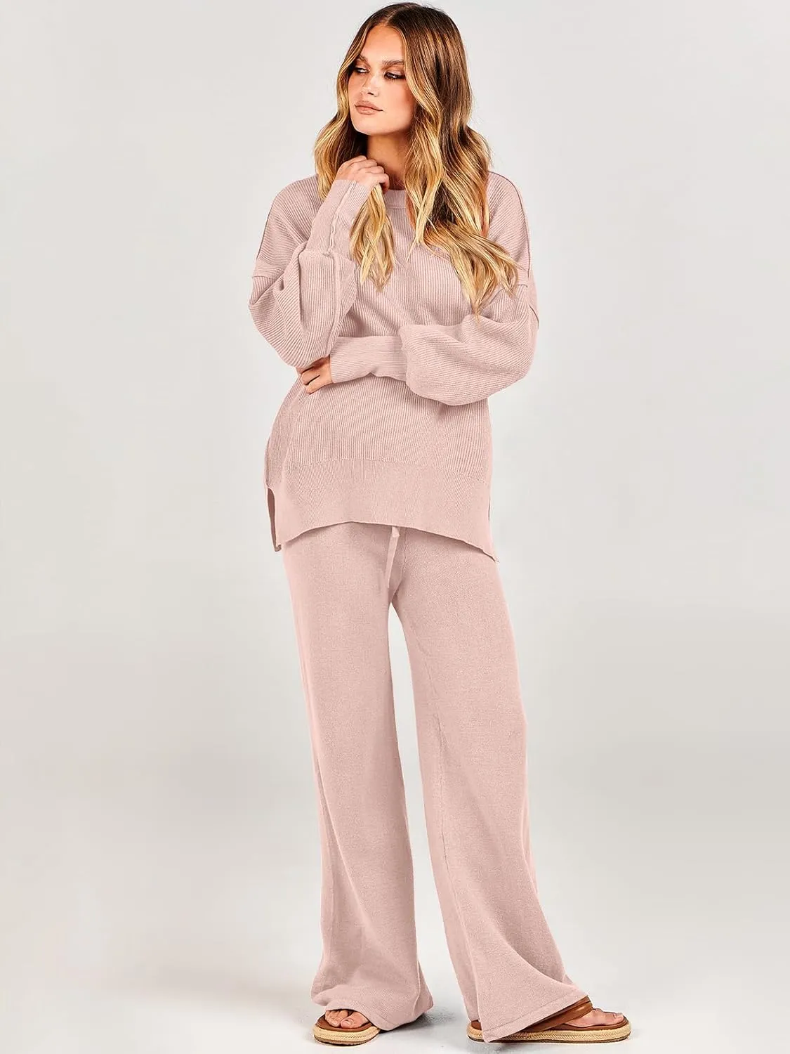 ANRABESS Women 2 Piece Outfits Oversized Chunky Knit Sweater Top Wide Leg Pants 2024 Fall Lounge Set Trendy Cozy Clothes