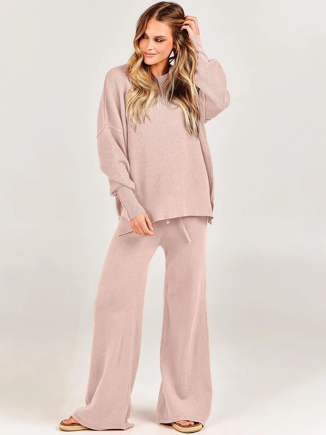 ANRABESS Women 2 Piece Outfits Oversized Chunky Knit Sweater Top Wide Leg Pants 2024 Fall Lounge Set Trendy Cozy Clothes
