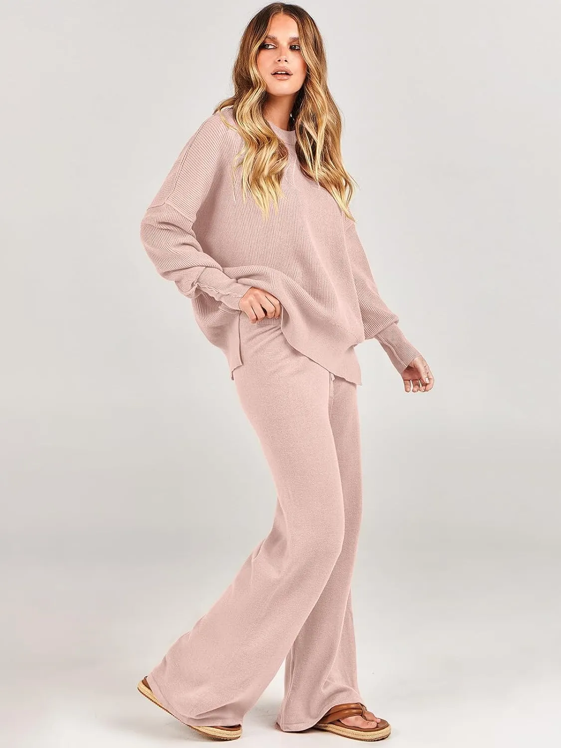 ANRABESS Women 2 Piece Outfits Oversized Chunky Knit Sweater Top Wide Leg Pants 2024 Fall Lounge Set Trendy Cozy Clothes