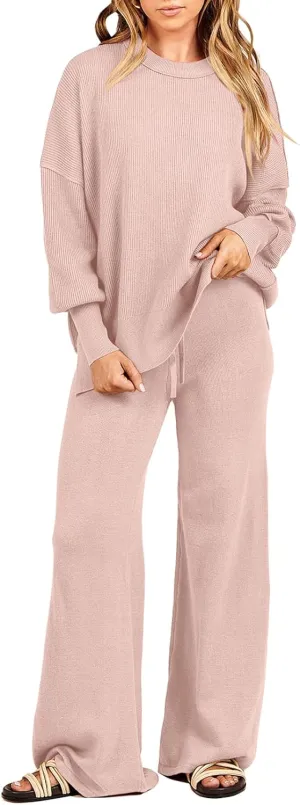 ANRABESS Women 2 Piece Outfits Oversized Chunky Knit Sweater Top Wide Leg Pants 2024 Fall Lounge Set Trendy Cozy Clothes