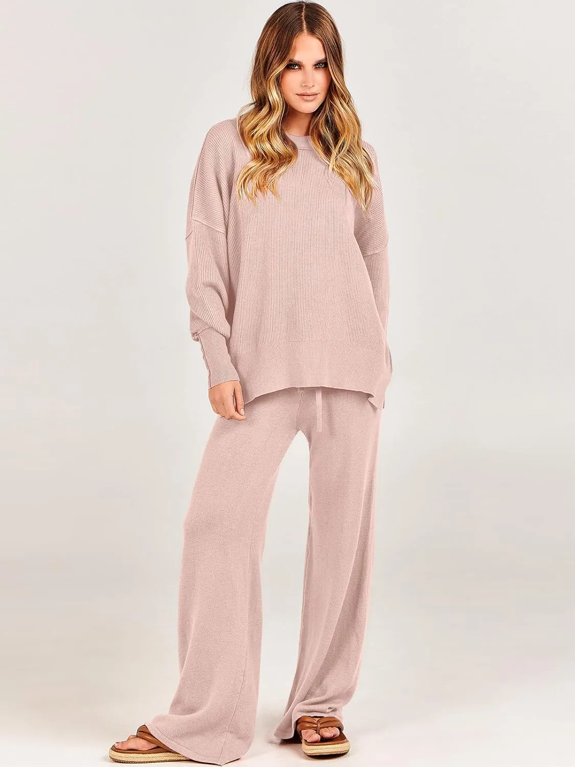 ANRABESS Women 2 Piece Outfits Oversized Chunky Knit Sweater Top Wide Leg Pants 2024 Fall Lounge Set Trendy Cozy Clothes