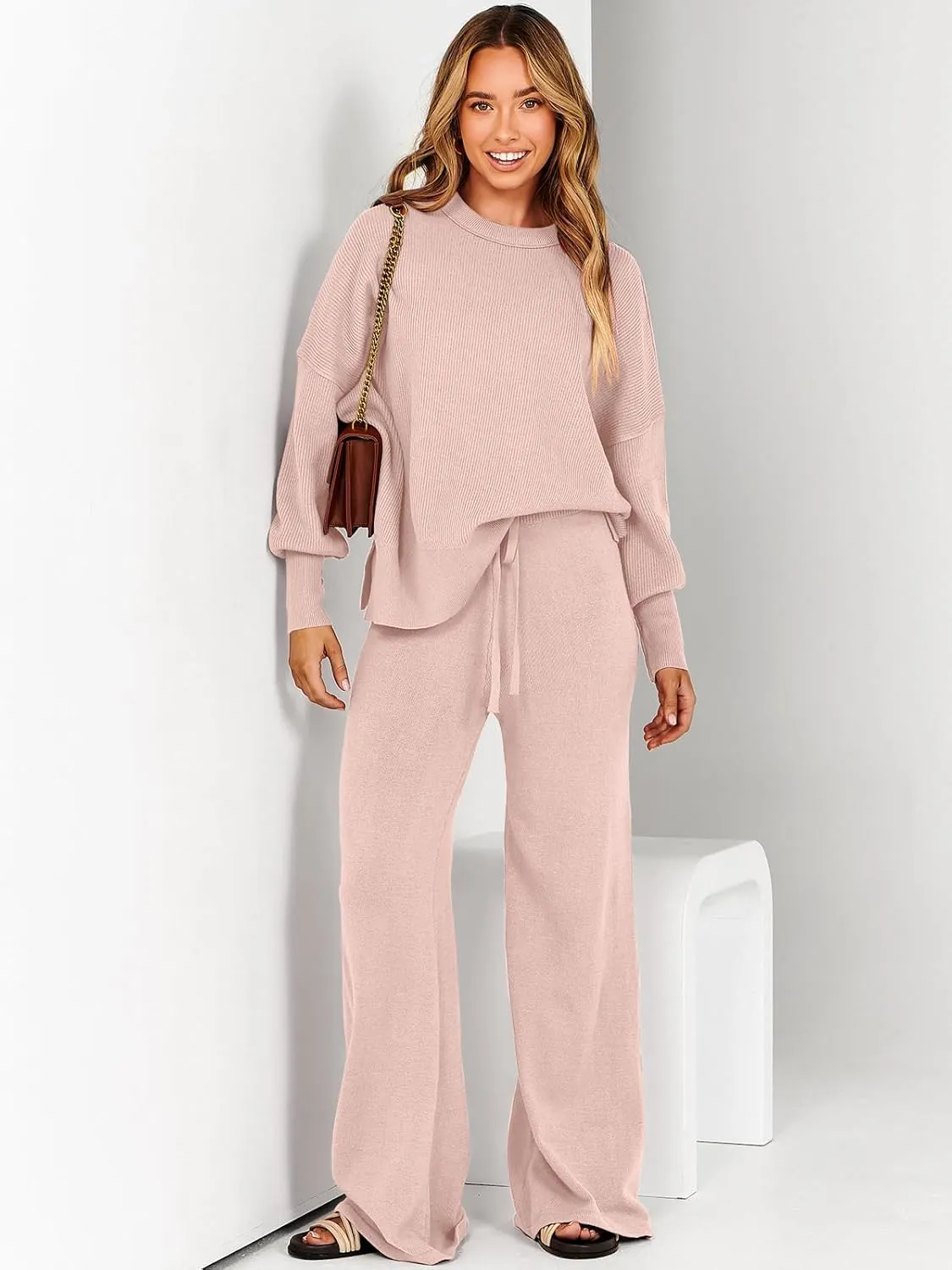 ANRABESS Women 2 Piece Outfits Oversized Chunky Knit Sweater Top Wide Leg Pants 2024 Fall Lounge Set Trendy Cozy Clothes