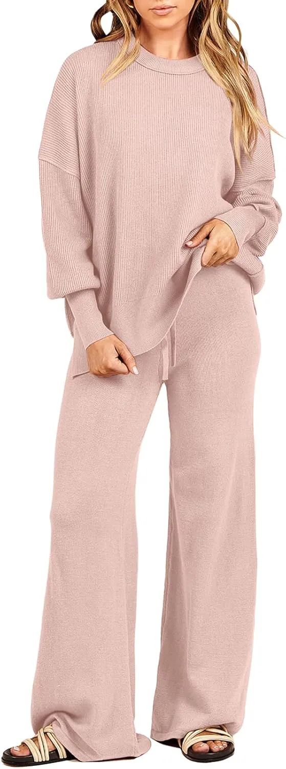 ANRABESS Women 2 Piece Outfits Oversized Chunky Knit Sweater Top Wide Leg Pants 2024 Fall Lounge Set Trendy Cozy Clothes