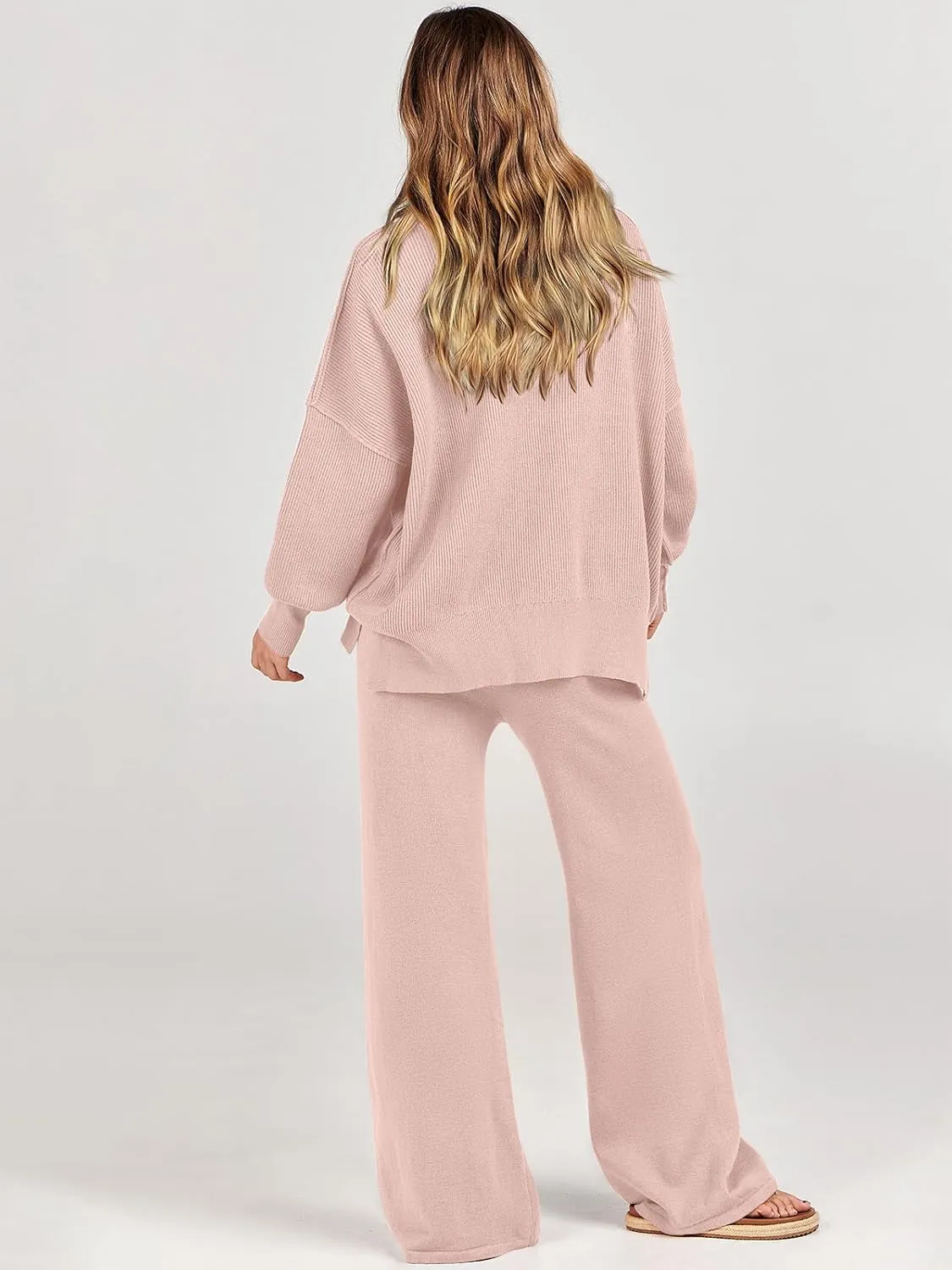 ANRABESS Women 2 Piece Outfits Oversized Chunky Knit Sweater Top Wide Leg Pants 2024 Fall Lounge Set Trendy Cozy Clothes