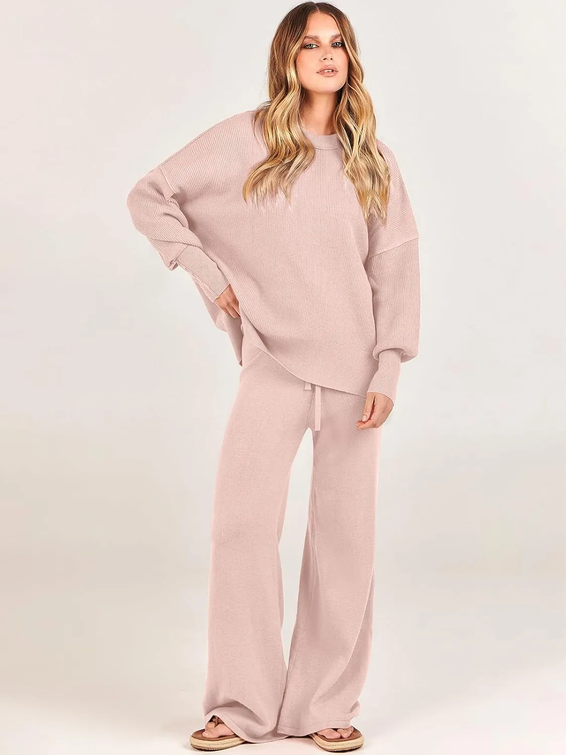 ANRABESS Women 2 Piece Outfits Oversized Chunky Knit Sweater Top Wide Leg Pants 2024 Fall Lounge Set Trendy Cozy Clothes