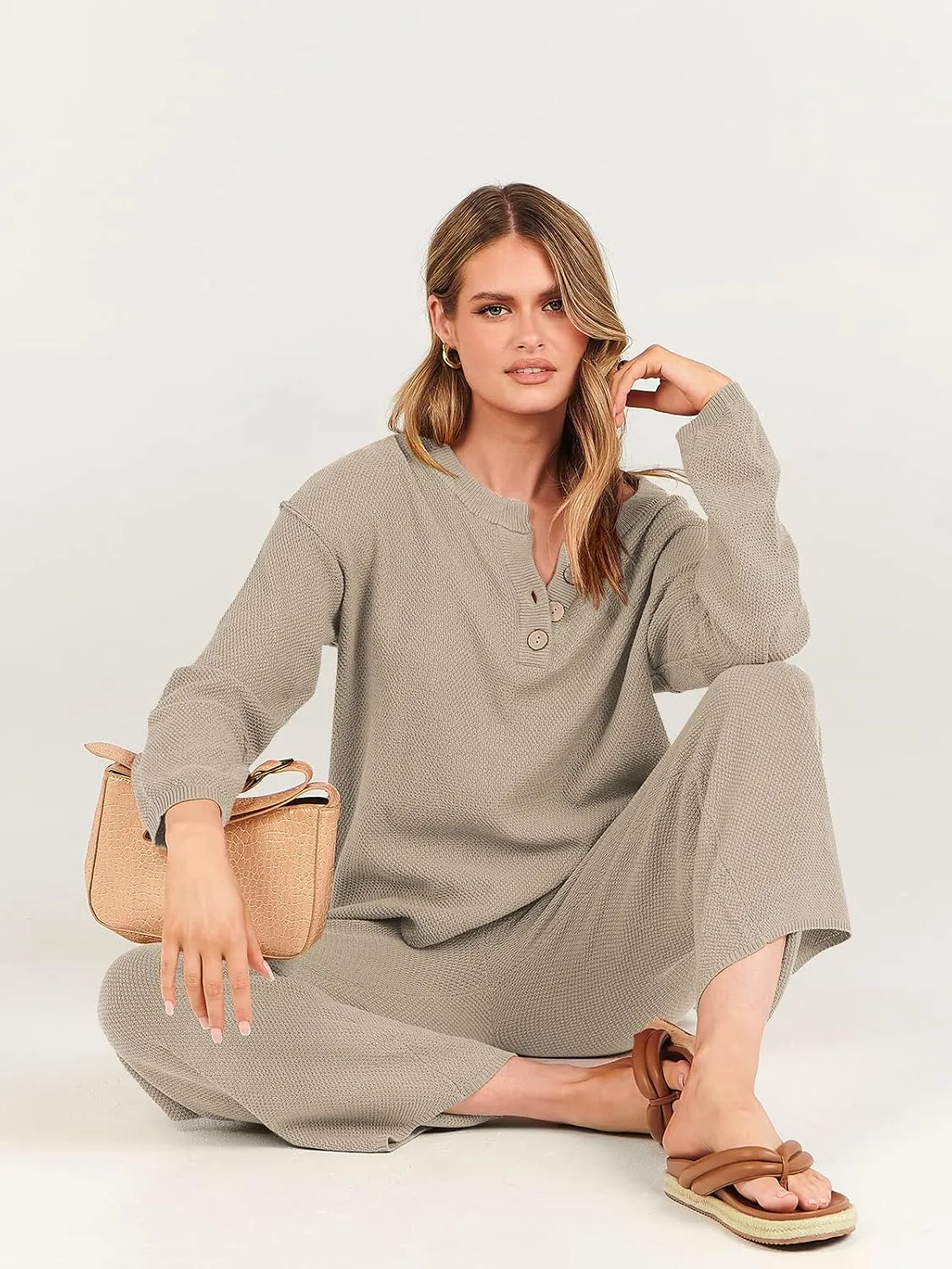 ANRABESS Women 2 Piece Outfits Oversized Loose Waffle Knit Sweater Set 2025 Fall Trendy Matching Lounge Sets Cozy Clothes