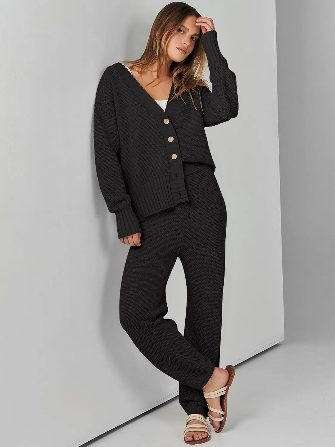 ANRABESS Women 2 Piece Outfits Waffle Knit Long Sleeve Cardigan Set Casual Sweater Pants Lounge Sets 2024 Fall Clothes