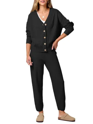 ANRABESS Women 2 Piece Outfits Waffle Knit Long Sleeve Cardigan Set Casual Sweater Pants Lounge Sets 2024 Fall Clothes