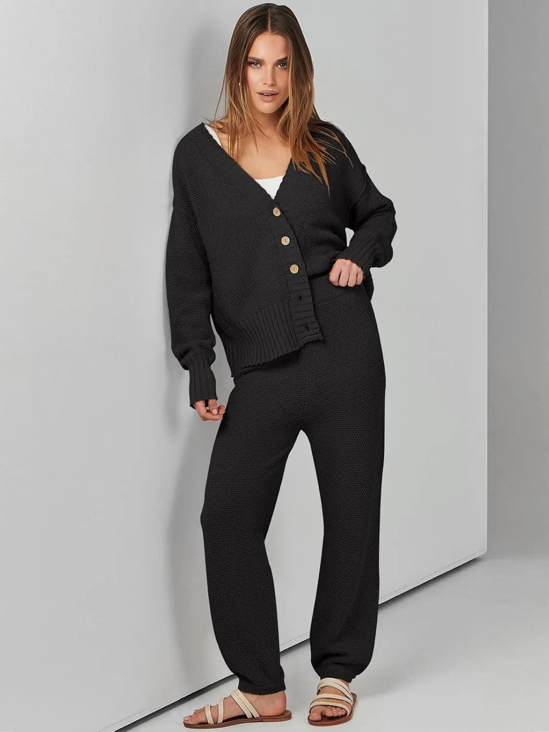 ANRABESS Women 2 Piece Outfits Waffle Knit Long Sleeve Cardigan Set Casual Sweater Pants Lounge Sets 2024 Fall Clothes