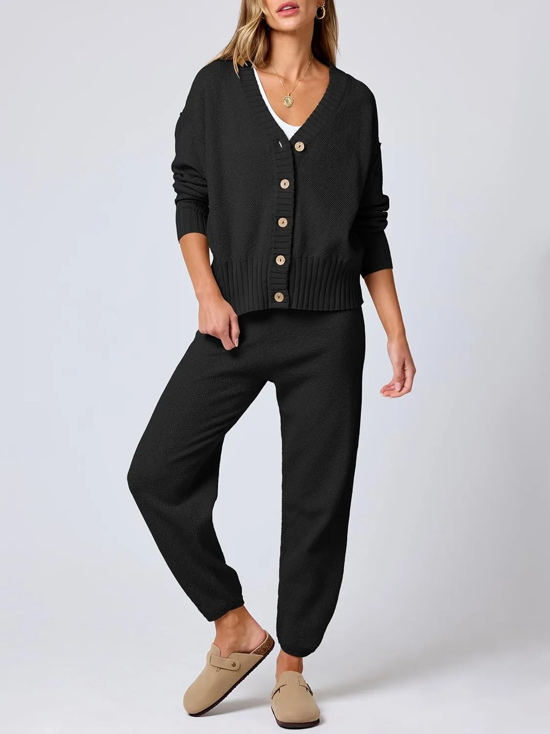 ANRABESS Women 2 Piece Outfits Waffle Knit Long Sleeve Cardigan Set Casual Sweater Pants Lounge Sets 2024 Fall Clothes