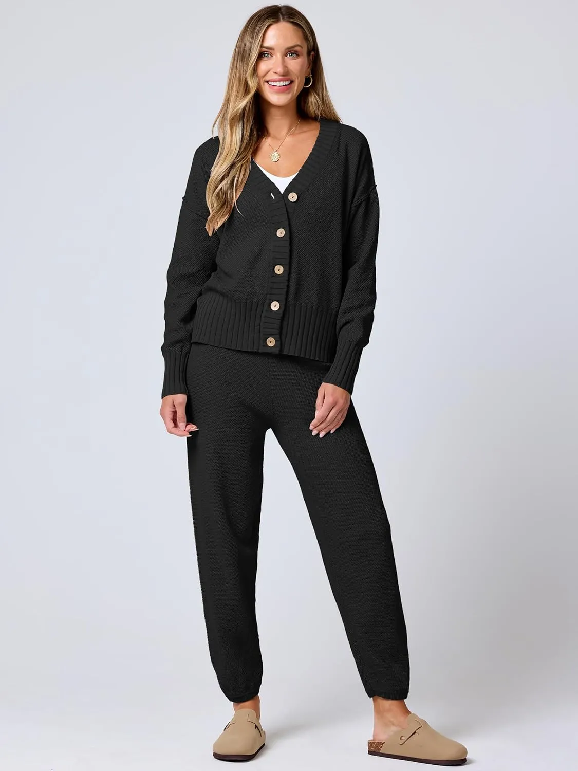 ANRABESS Women 2 Piece Outfits Waffle Knit Long Sleeve Cardigan Set Casual Sweater Pants Lounge Sets 2024 Fall Clothes