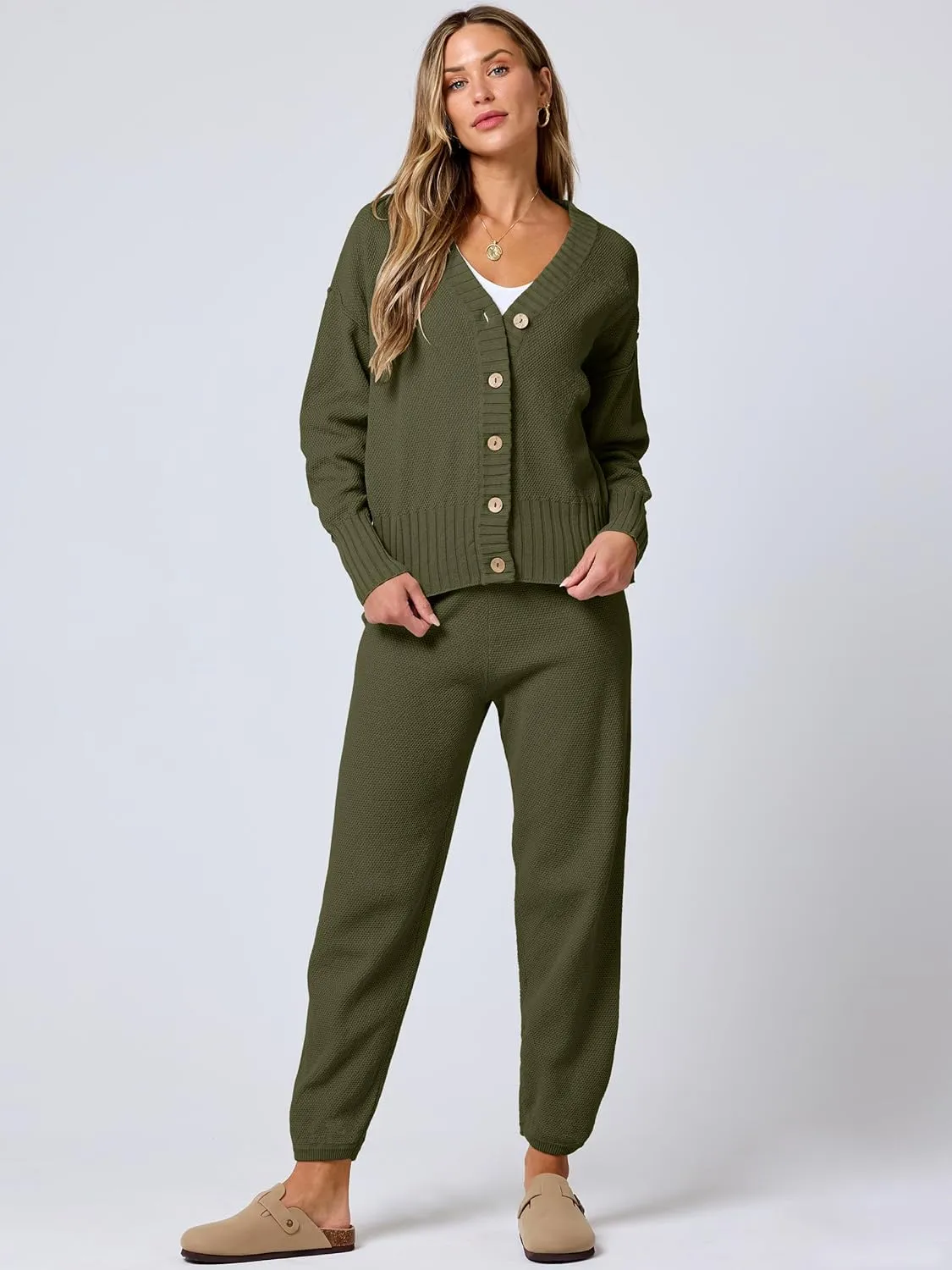 ANRABESS Women 2 Piece Outfits Waffle Knit Long Sleeve Cardigan Set Casual Sweater Pants Lounge Sets 2024 Fall Clothes