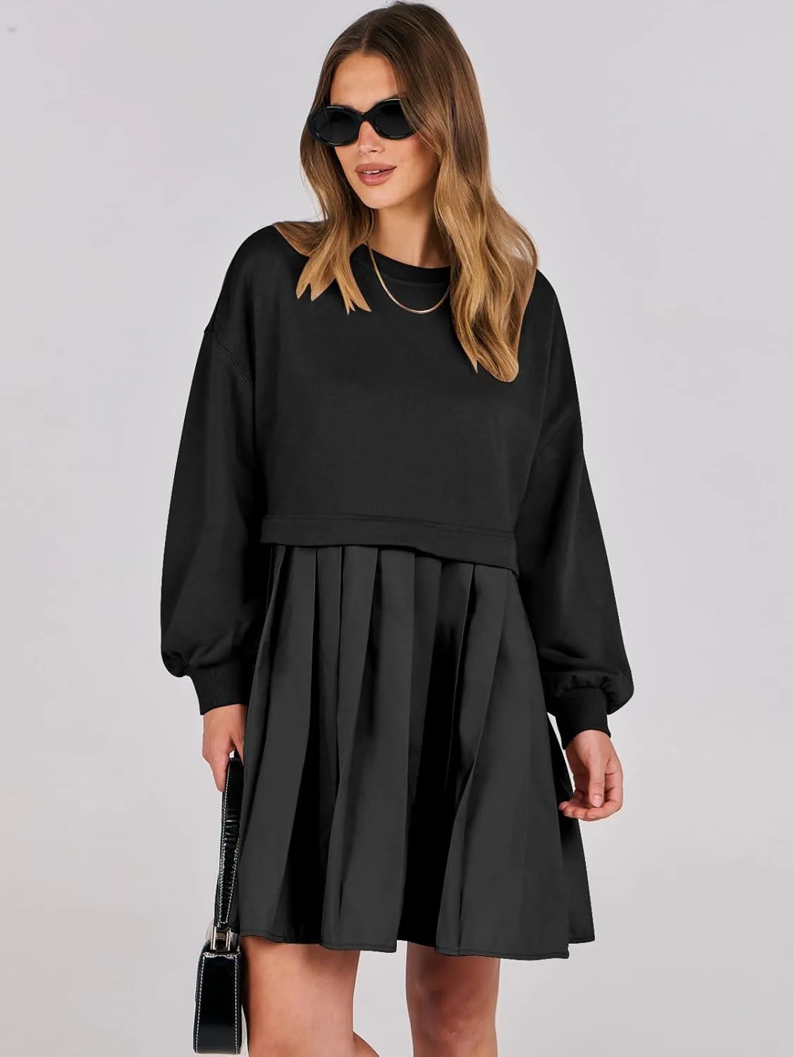 ANRABESS Women Sweatshirts Dress Oversized Long Sleeve Patchwork Casual Loose Pleated Pullover Mini Dress Fall Outfits 2025