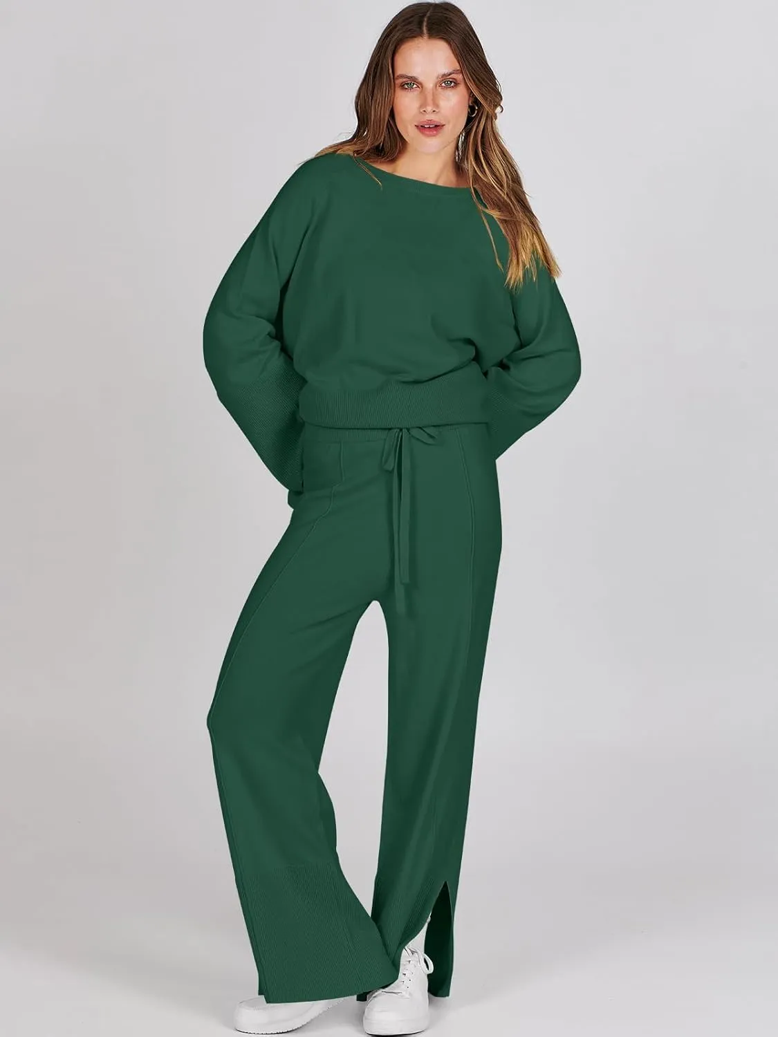 ANRABESS Womens 2 Piece Outfits Oversized Knit Sweater Set Wide Leg Pant Cozy Lounge Matching Pajama Sets 2024 Trendy Clothes