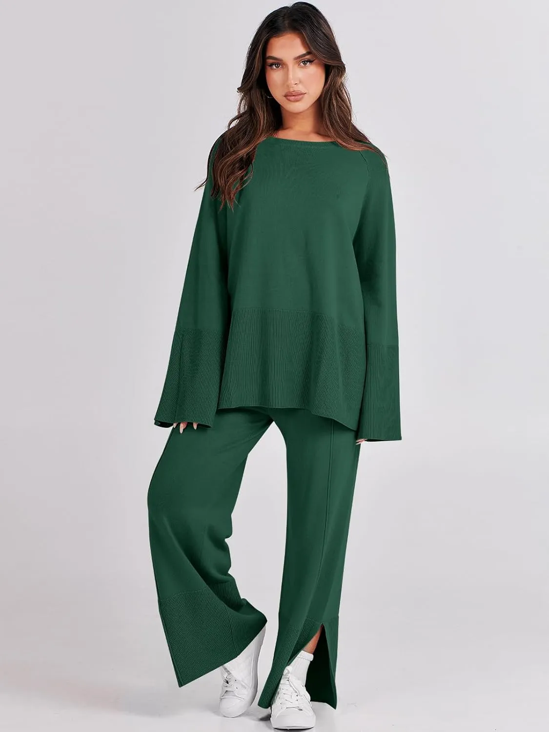 ANRABESS Womens 2 Piece Outfits Oversized Knit Sweater Set Wide Leg Pant Cozy Lounge Matching Pajama Sets 2024 Trendy Clothes