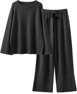 ANRABESS Womens 2 Piece Outfits Oversized Knit Sweater Set Wide Leg Pant Cozy Lounge Matching Pajama Sets 2024 Trendy Clothes
