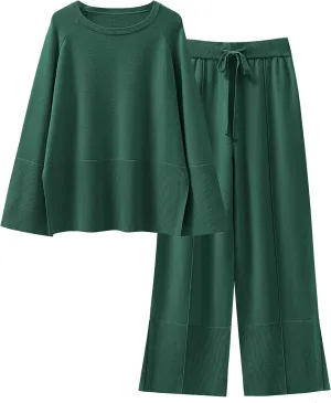 ANRABESS Womens 2 Piece Outfits Oversized Knit Sweater Set Wide Leg Pant Cozy Lounge Matching Pajama Sets 2024 Trendy Clothes