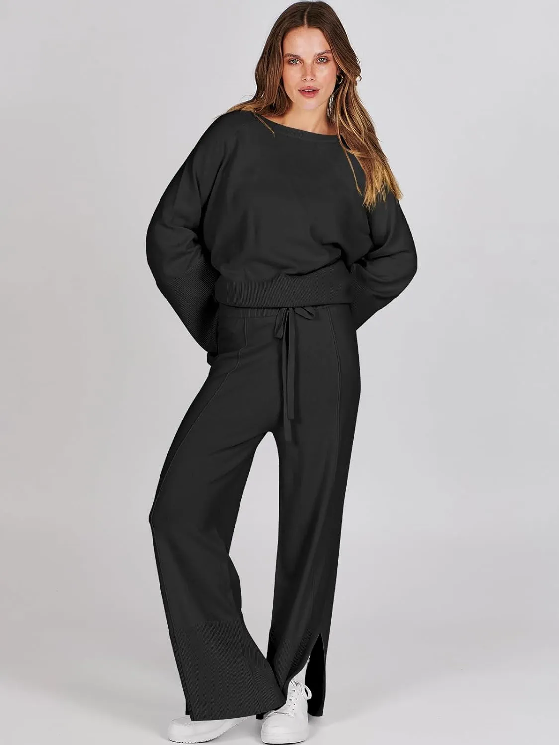 ANRABESS Womens 2 Piece Outfits Oversized Knit Sweater Set Wide Leg Pant Cozy Lounge Matching Pajama Sets 2024 Trendy Clothes