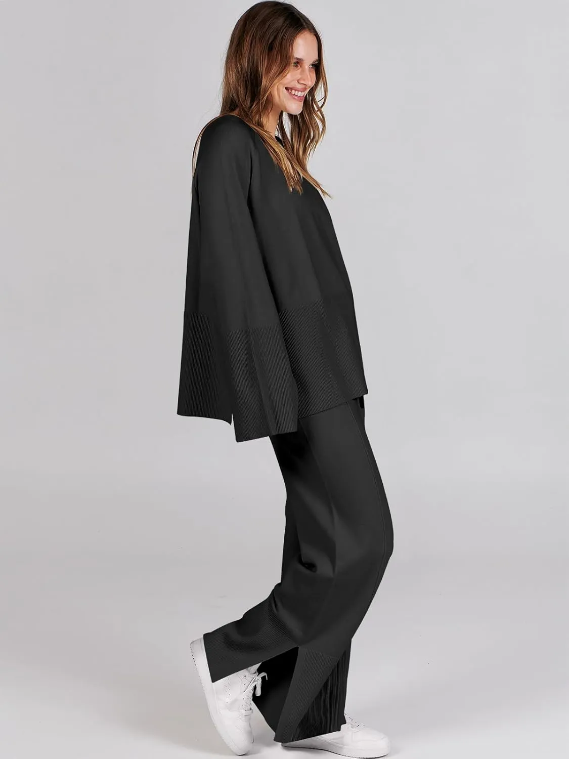 ANRABESS Womens 2 Piece Outfits Oversized Knit Sweater Set Wide Leg Pant Cozy Lounge Matching Pajama Sets 2024 Trendy Clothes