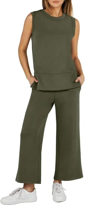 ANRABESS Women's 2 Piece Sets Summer Travel Airplane Outfits Sleeveless Wide Leg Casual Lounge Matching Sweat Set Sweatsuits