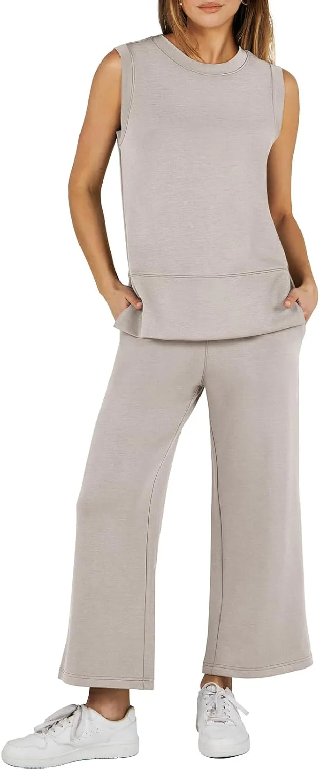 ANRABESS Women's 2 Piece Sets Summer Travel Airplane Outfits Sleeveless Wide Leg Casual Lounge Matching Sweat Set Sweatsuits