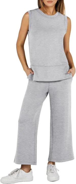 ANRABESS Women's 2 Piece Sets Summer Travel Airplane Outfits Sleeveless Wide Leg Casual Lounge Matching Sweat Set Sweatsuits