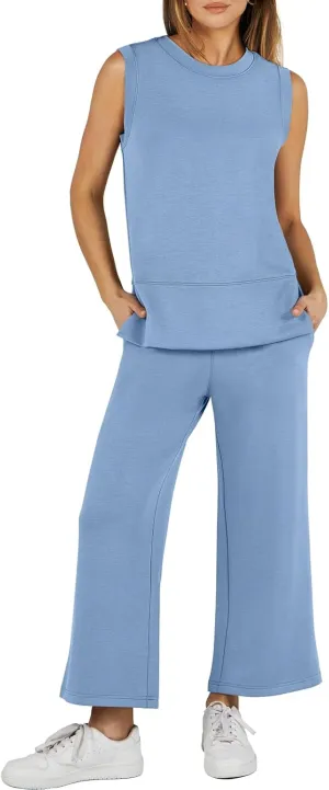 ANRABESS Women's 2 Piece Sets Summer Travel Airplane Outfits Sleeveless Wide Leg Casual Lounge Matching Sweat Set Sweatsuits