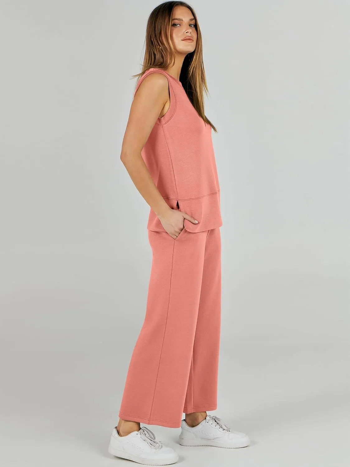 ANRABESS Women's 2 Piece Sets Summer Travel Airplane Outfits Sleeveless Wide Leg Casual Lounge Matching Sweat Set Sweatsuits