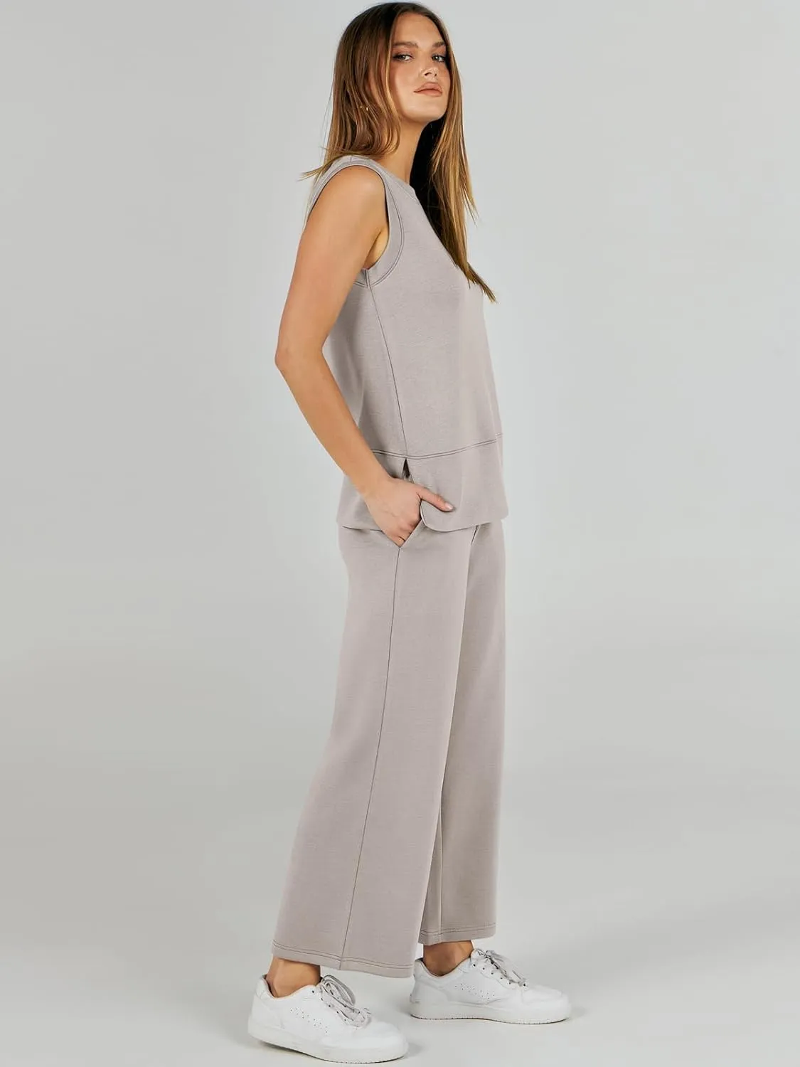 ANRABESS Women's 2 Piece Sets Summer Travel Airplane Outfits Sleeveless Wide Leg Casual Lounge Matching Sweat Set Sweatsuits