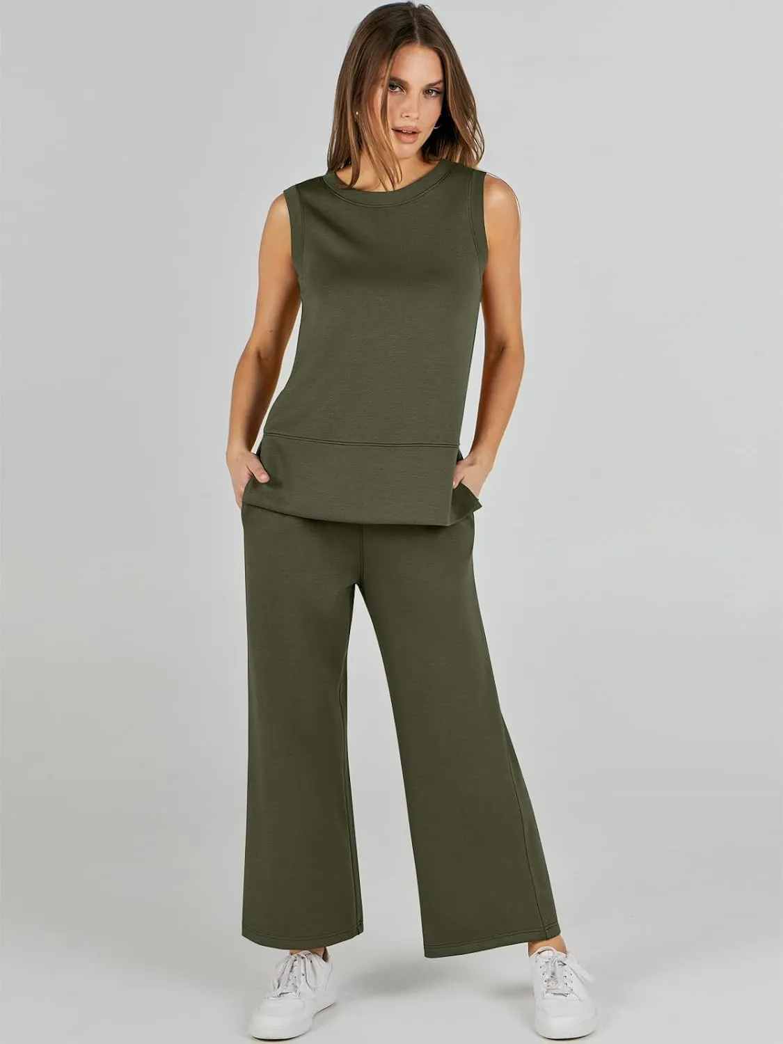 ANRABESS Women's 2 Piece Sets Summer Travel Airplane Outfits Sleeveless Wide Leg Casual Lounge Matching Sweat Set Sweatsuits